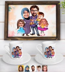 Kişiye Özel Aile Karikatürlü Doğal Ahşap Tepsi ve 2’li Kahve Fincan Seti-9