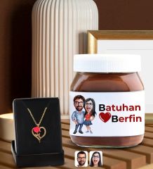 BK Gift Sevgiliye Özel Aşk Çiçeği Kalp Kolye ve Karikatürlü Nutella 400gr. Hediye Seti, Sevgililer Günü Hediye, Doğum Günü Hediyesi, Sevgiliye Hediye-5