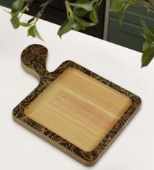 BK Gift Retro Motif Tasarımlı Kare Şeklinde Doğal Ahşap Servis ve Sunum Tabağı Model 16