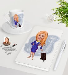 Kişiye Özel Hostes Karikatürlü Beyaz Defter Kalem Türk Kahvesi Fincanı Seti-2