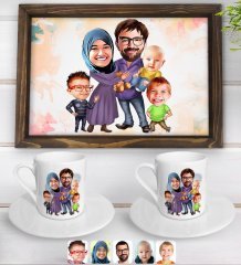 Kişiye Özel Aile Karikatürlü Doğal Ahşap Tepsi ve 2’li Kahve Fincan Seti-8