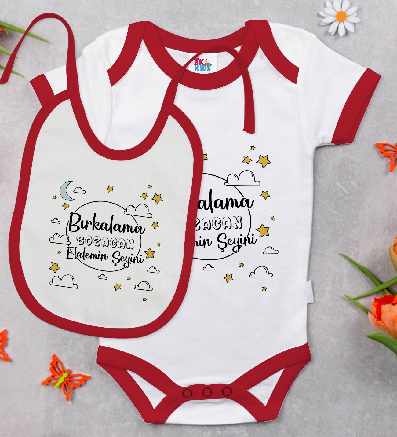 BK Kids Bırkalama Tasarımlı Kırmızı Bebek Body Zıbın ve Mama Önlüğü Hediye Seti-1