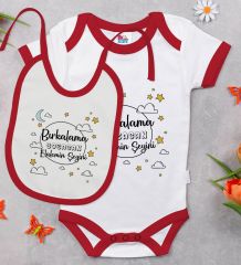 BK Kids Bırkalama Tasarımlı Kırmızı Bebek Body Zıbın ve Mama Önlüğü Hediye Seti-1
