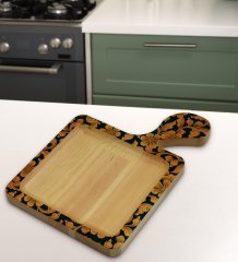 BK Gift Retro Motif Tasarımlı Kare Şeklinde Doğal Ahşap Servis ve Sunum Tabağı Model 15