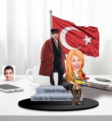 BK Gift Kişiye Özel Atatürk ve Kadın Öğretmen Temalı 2 Katmanlı Karikatürlü Ahşap Biblo- 5-3, Öğretmene Hediye, Öğretmenler Günü, 100. Yıl Hediyesi