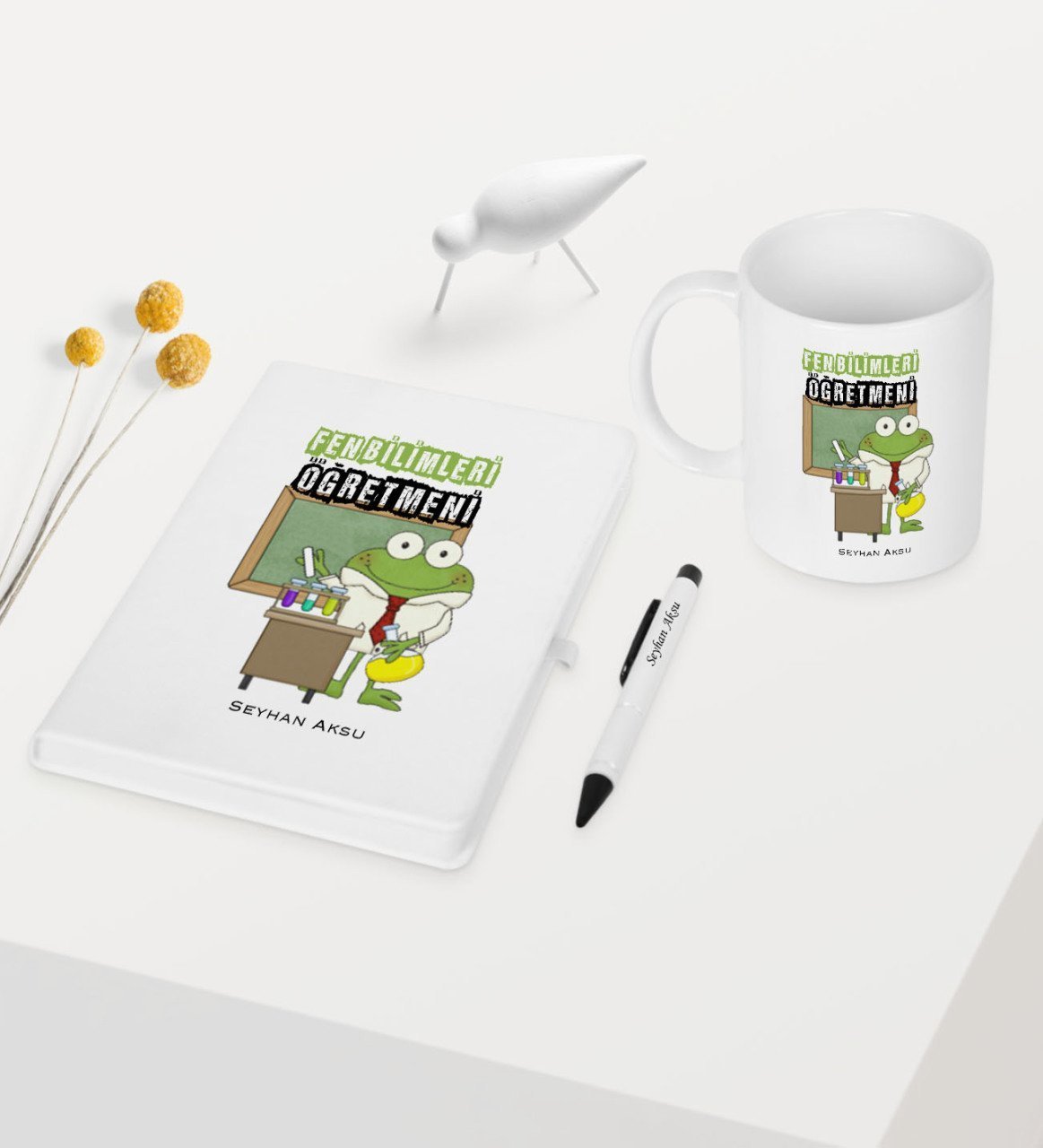 Kişiye Özel Fen Bilimleri Öğretmeni Temalı Beyaz Defter Kalem Kupa Seti - 2