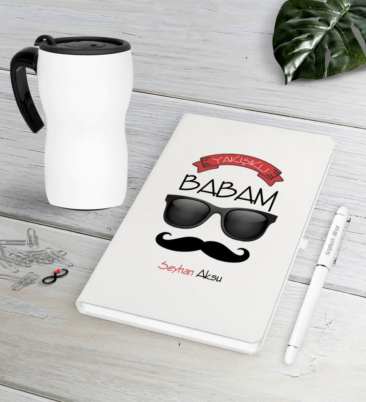 Kişiye Özel Yakışıklı Babam Beyaz Defter Kalem Termos Mug Seti-5