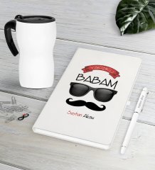 Kişiye Özel Yakışıklı Babam Beyaz Defter Kalem Termos Mug Seti-5