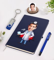 Kişiye Özel Erkek Diş Hekimi Karikatürlü Lacivert Defter Kalem 32gb USB Bellek Hediye Seti-3