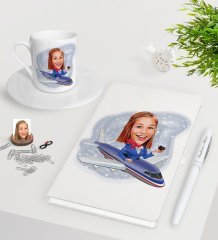 Kişiye Özel Hostes Karikatürlü Beyaz Defter Kalem Türk Kahvesi Fincanı Seti-1