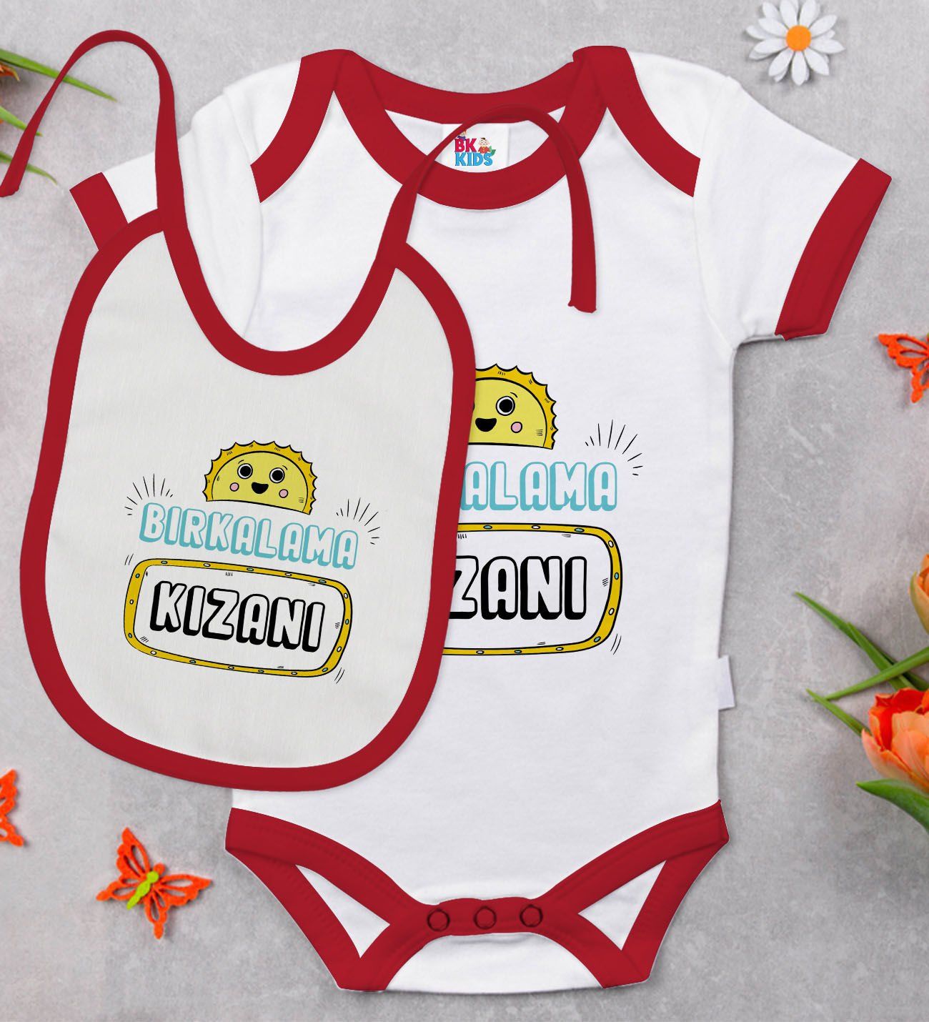 BK Kids Bırkalama Kızanı Tasarımlı Kırmızı Bebek Body Zıbın ve Mama Önlüğü Hediye Seti-1