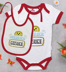 BK Kids Bırkalama Kızanı Tasarımlı Kırmızı Bebek Body Zıbın ve Mama Önlüğü Hediye Seti-1