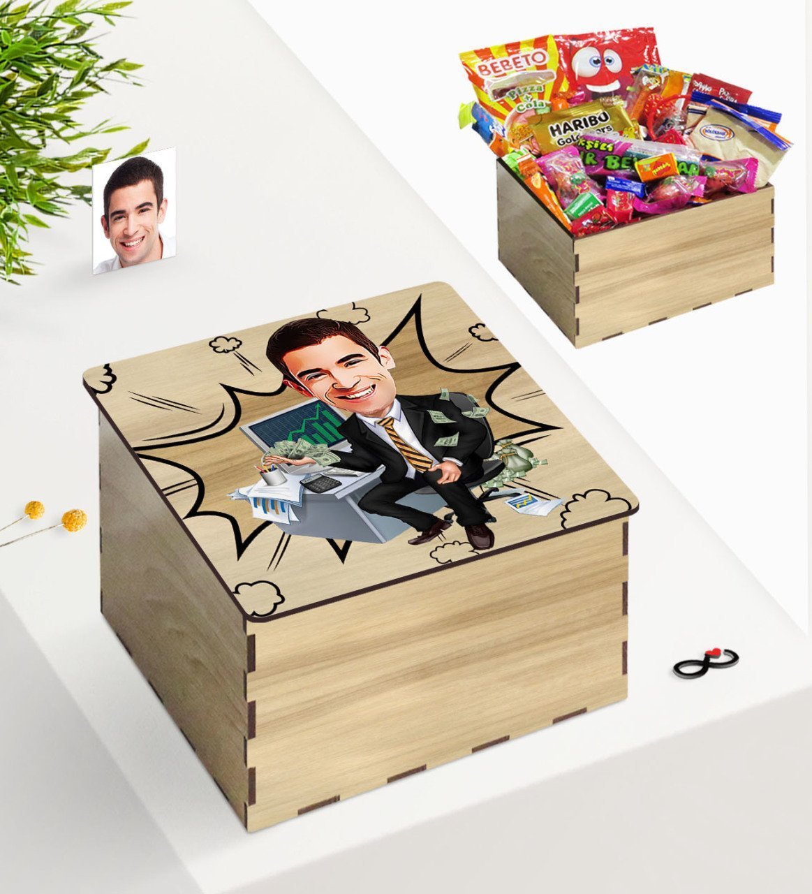 Kişiye Özel Ahşap Kutuda Bay Bankacı Karikatürlü Nostaljik Lezzetler Hediye Seti-2