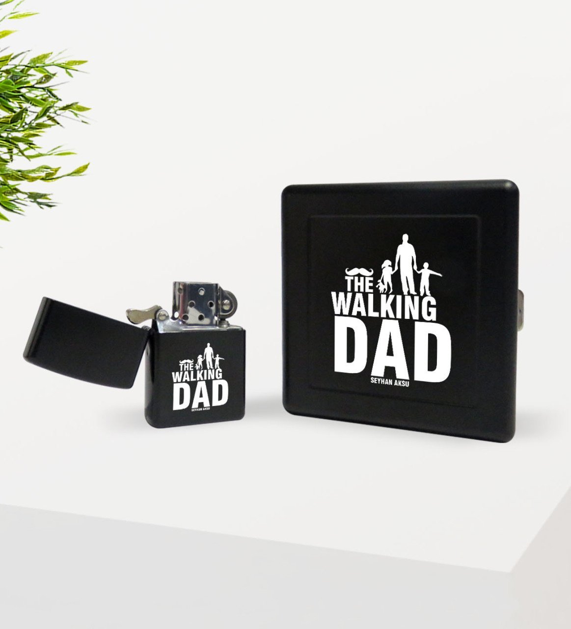 Kişiye Özel The Walking Dad Tasarımlı Siyah Metal Sigara Tabakası ve Benzinli Çakmak Seti-1