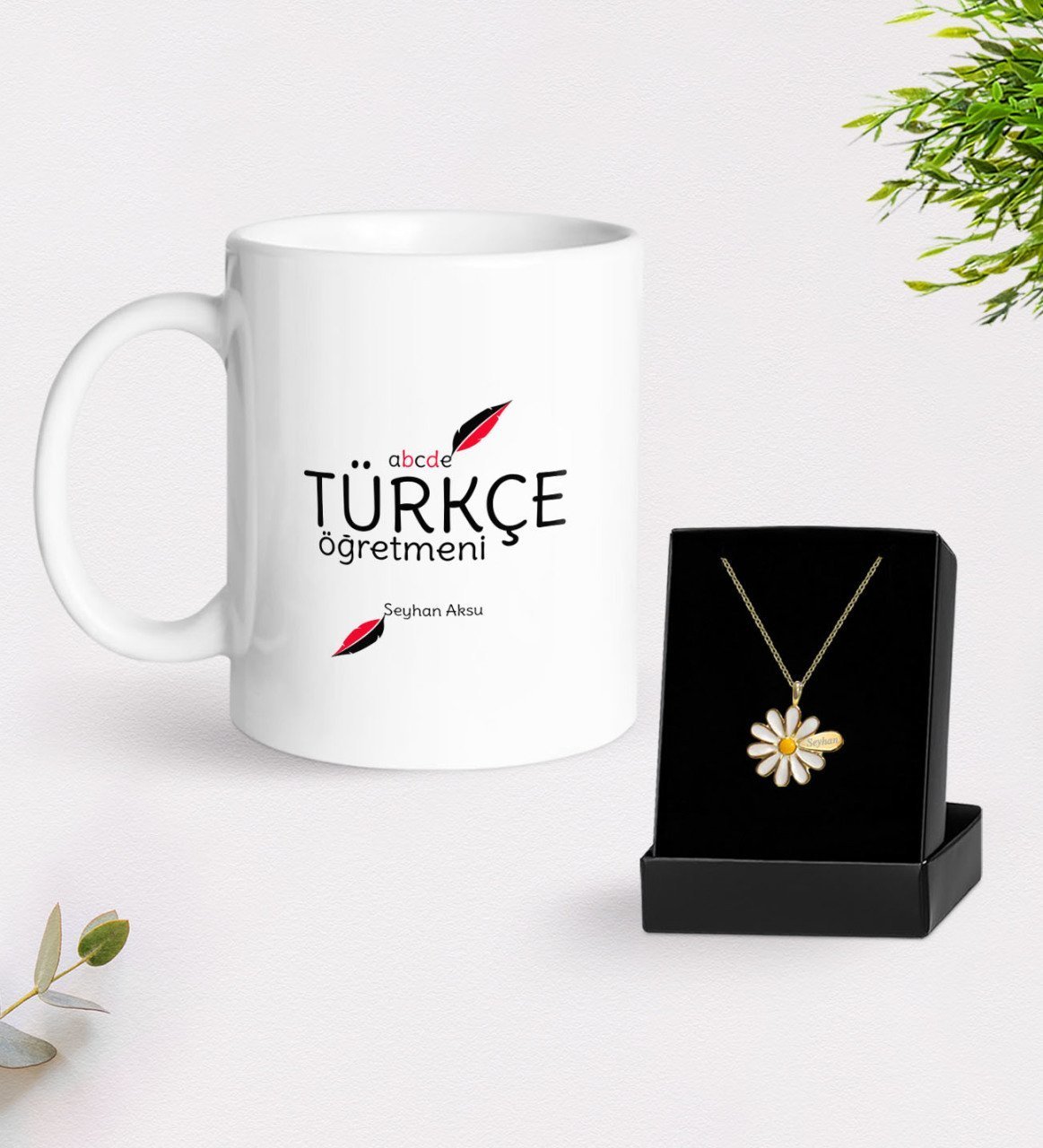 Kişiye Özel Türkçe Öğretmeni Kupa Ve Papatya Kolye Hediye Seti-2