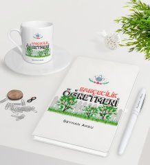 Kişiye Özel Bahçecilik Öğretmeni Beyaz Defter Kalem Türk Kahvesi Fincanı Seti-2