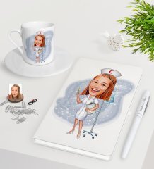 Kişiye Özel Hemşire Karikatürlü Beyaz Defter Kalem Türk Kahvesi Fincanı Seti-2