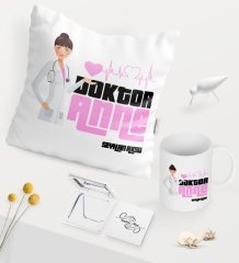 Kişiye Özel Doktor Anne Beyaz Kupa Ayna Yastık Seti