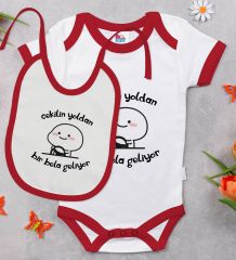 BK Kids Bir Bela Geliyor Tasarımlı Kırmızı Bebek Body Zıbın ve Mama Önlüğü Hediye Seti-1
