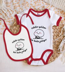 BK Kids Bir Bela Geliyor Tasarımlı Kırmızı Bebek Body Zıbın ve Mama Önlüğü Hediye Seti-1