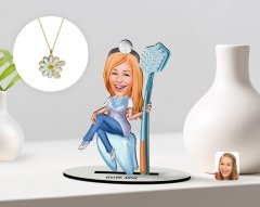 Kişiye Özel Kadın Diş Hekimi Karikatürlü 3D Ahşap Biblo ve İsimli Tarihli Papatya Kolye Seti-2