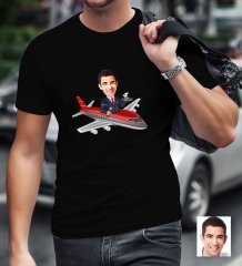 Kişiye Özel Bay Uçuş Görevlisi Host Karikatürlü Siyah T-Shirt