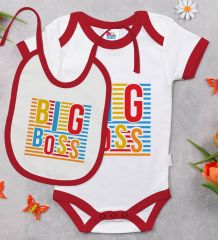 BK Kids Big Boss Tasarımlı Kırmızı Bebek Body Zıbın ve Mama Önlüğü Hediye Seti-1