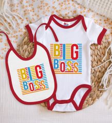 BK Kids Big Boss Tasarımlı Kırmızı Bebek Body Zıbın ve Mama Önlüğü Hediye Seti-1