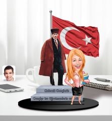 BK Gift Kişiye Özel Atatürk ve Kadın Öğretmen Temalı 2 Katmanlı Karikatürlü Ahşap Biblo- 4-3, Öğretmene Hediye, Öğretmenler Günü, 100. Yıl Hediyesi