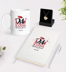 Kişiye Özel Öğretmenler Gününüz Kutlu Olsun Beyaz Kupa Defter Kalem ve İsimli Papatya Kolye Hediye Seti-2