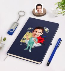 Kişiye Özel Erkek Cerrah Karikatürlü Lacivert Defter Kalem 32gb USB Bellek Hediye Seti-1
