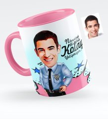 Kişiye Özel Bay Polis Karikatürlü Pembe Kupa Bardak - 1