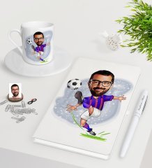 Kişiye Özel Futbolcu Karikatürlü Beyaz Defter Kalem Türk Kahvesi Fincanı Seti-1