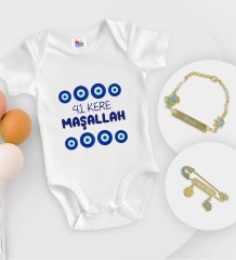 BK Kids Kişiye Özel Maşallah Tasarımlı Beyaz Bebek Body Zıbın Erkek Bebek Künyesi ve İğnesi Hediye Seti-2