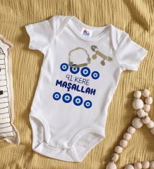 BK Kids Kişiye Özel Maşallah Tasarımlı Beyaz Bebek Body Zıbın Erkek Bebek Künyesi ve İğnesi Hediye Seti-2