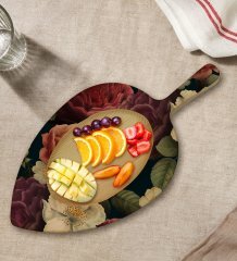 BK Gift Çiçekler Tasarımlı Yaprak Şeklinde Doğal Ahşap Servis ve Sunum Tabağı Model 6