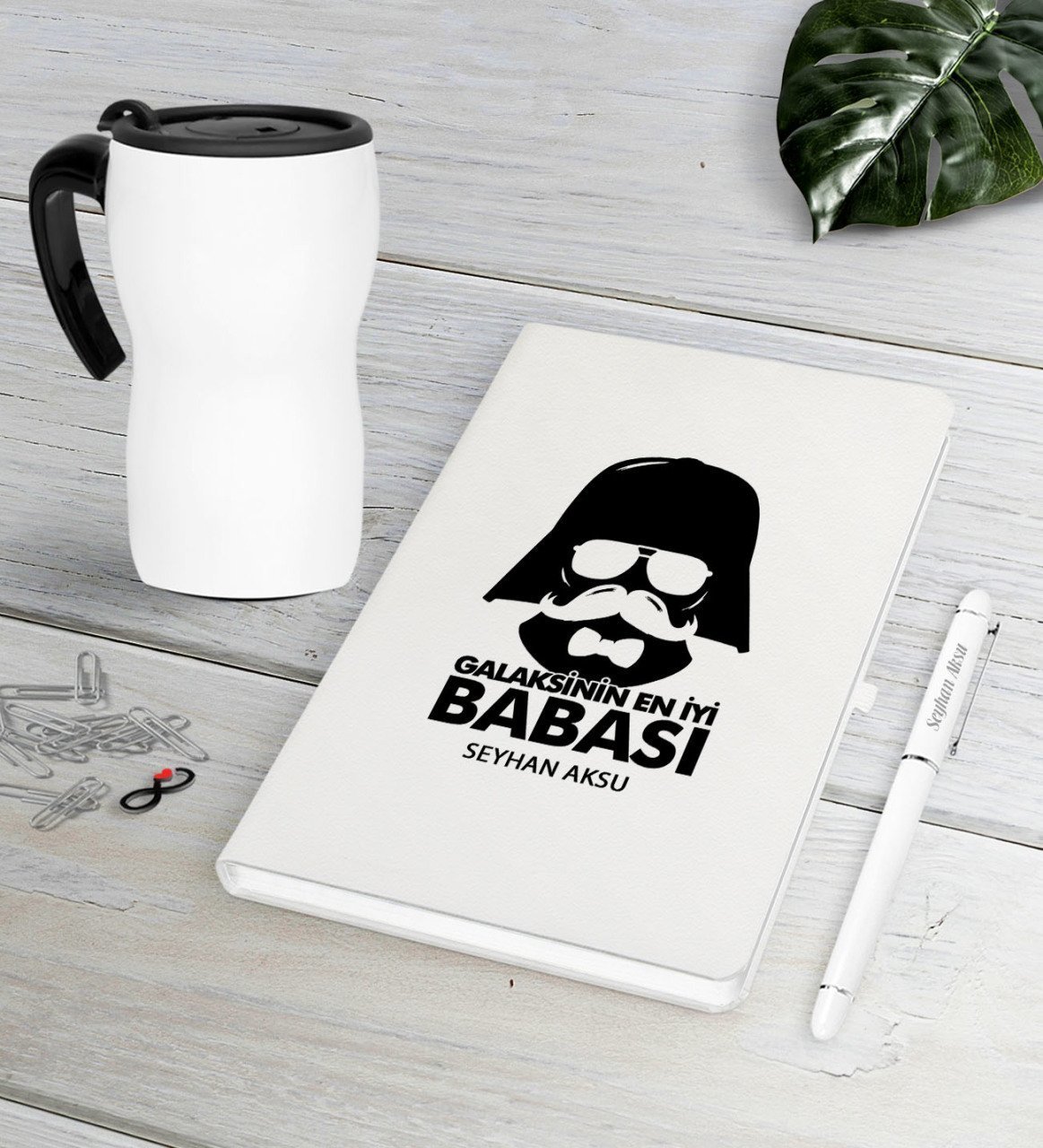 Kişiye Özel Galaksinin En İyi Babası Beyaz Defter Kalem Termos Mug Seti-2