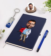 Kişiye Özel Erkek Baş Hekim Karikatürlü Lacivert Defter Kalem 32gb USB Bellek Hediye Seti-1