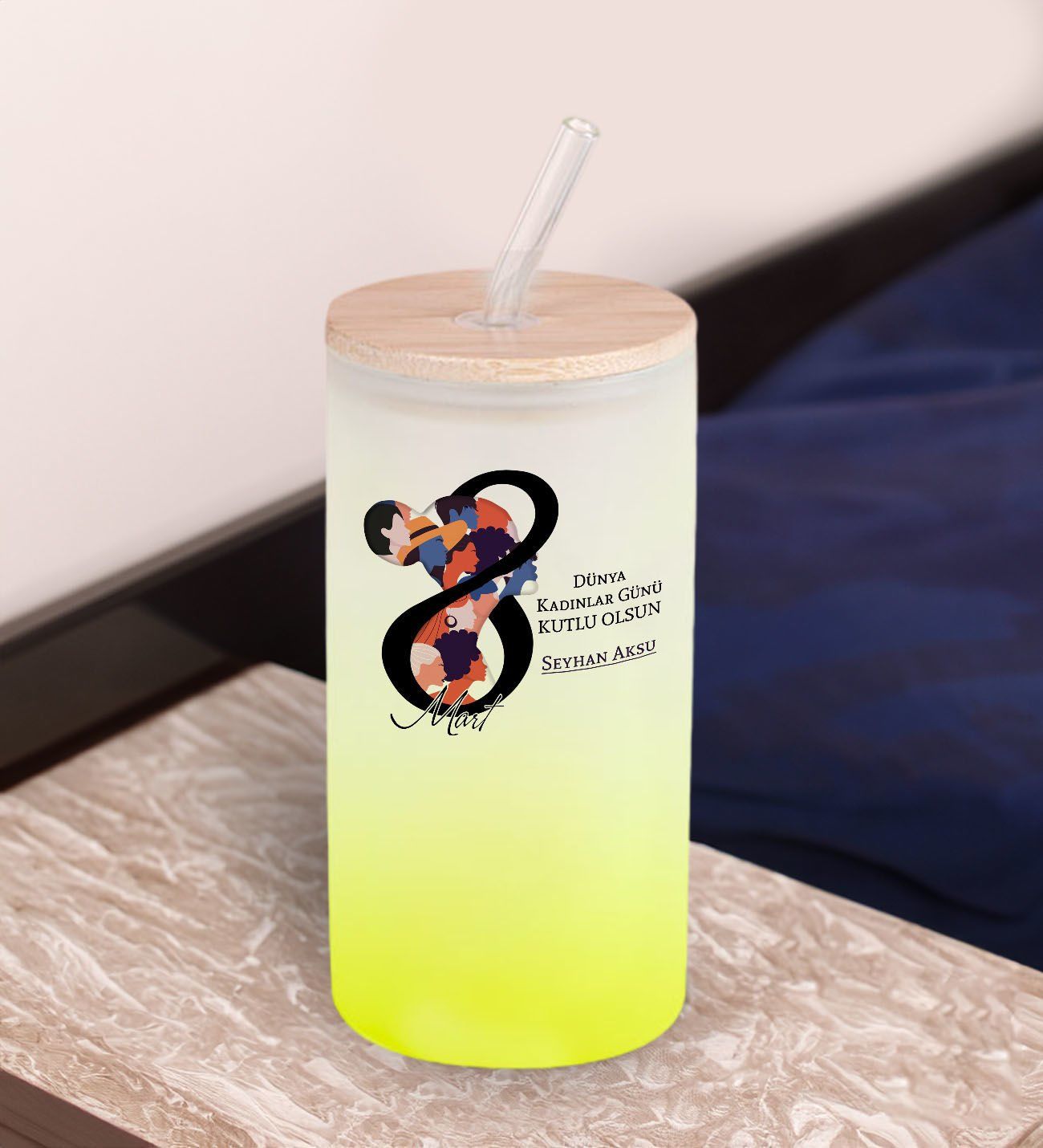 BK Gift Kadınlar Gününe Özel İsimli Sarı Renk Pipetli Buzlu Cam Bardak 600ml - 3, 8 Mart Kadınlar Günü