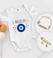 BK Kids Kişiye Özel Maşallah Tasarımlı Beyaz Bebek Body Zıbın Erkek Bebek Künyesi ve İğnesi Hediye Seti-1