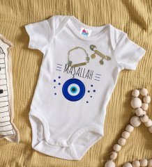 BK Kids Kişiye Özel Maşallah Tasarımlı Beyaz Bebek Body Zıbın Erkek Bebek Künyesi ve İğnesi Hediye Seti-1