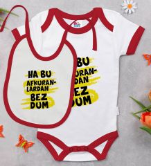 BK Kids Bezdum Tasarımlı Kırmızı Bebek Body Zıbın ve Mama Önlüğü Hediye Seti-4