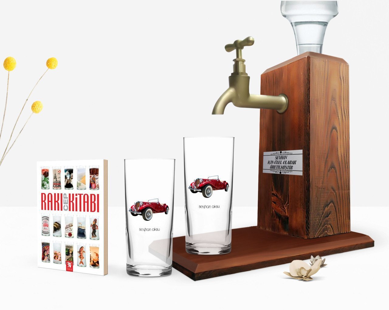 Kişiye Özel Renkli Baskılı Retro Otomobil Tasarımlı İkili Rakı Bardağı Ahşap Rakı Standı ve Cep Kitabı Hediye Seti-4