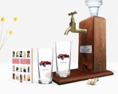Kişiye Özel Renkli Baskılı Retro Otomobil Tasarımlı İkili Rakı Bardağı Ahşap Rakı Standı ve Cep Kitabı Hediye Seti-4