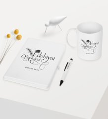 Kişiye Özel Edebiyat Öğretmeni Temalı Beyaz Defter Kalem Kupa Seti - 1