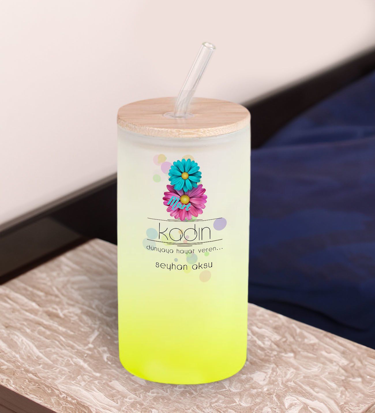 BK Gift Kadınlar Gününe Özel İsimli Sarı Renk Pipetli Buzlu Cam Bardak 600ml - 2, 8 Mart Kadınlar Günü