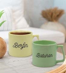 BK Gift Kişiye Özel İsimli Pastel Sarı ve Yeşil 2'li Middle Kupa Bardak Seti-2, Sevgiliye Hediye, Ev Hediyesi, Arkadaşa Hediye