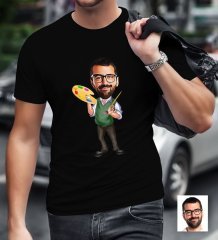 Kişiye Özel Bay Ressam Karikatürlü Siyah T-Shirt