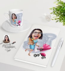 Kişiye Özel Ev Hanımı Karikatürlü Beyaz Defter Kalem Türk Kahvesi Fincanı Seti-1