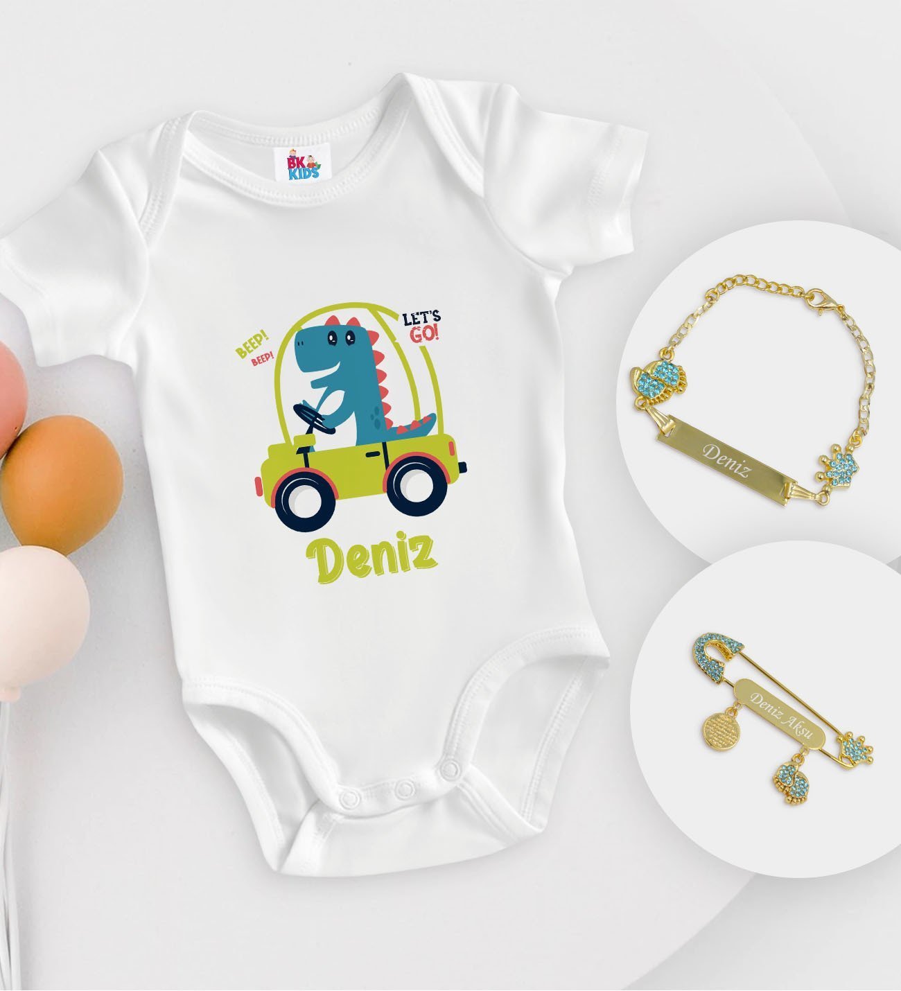 BK Kids Kişiye Özel İsimli Beyaz Bebek Body Zıbın Erkek Bebek Künyesi ve İğnesi Hediye Seti-34